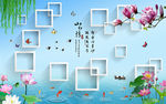 中式山水花卉简约框框电视背景墙