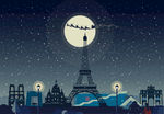 手绘法国巴黎城市夜景矢量图