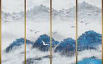 新中式手绘山水飞鸟拼接效果背景
