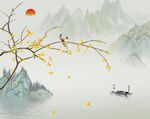 新中式手绘花鸟银杏意境山水装饰