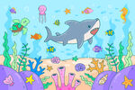 手绘鲨鱼海洋动物海底珊瑚背景墙