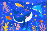 卡通海洋鲸鱼海底珊瑚海豚背景墙