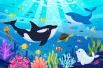 卡通鲸鱼海底世界热带鱼珊瑚背景