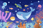 手绘海底生物卡通鲸鱼珊瑚背景墙