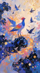 夢幻百鳥朝鳳圖插畫油畫彩繪