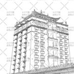 中式古建筑塔樓線描圖