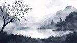 水墨山水湖畔孤樹景致