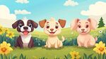三只萌犬在花叢草地嬉戲