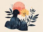 夕陽下的人物與花卉剪影