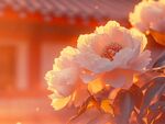 夕陽下盛開的嬌艷牡丹花