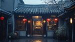 江南雨夜古宅燈籠搖曳