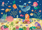 可愛美人魚卡通海底鯨魚珊瑚背景