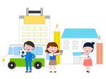 可愛兒童學校放學等校車插畫