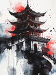 水墨風中式古建筑意境圖