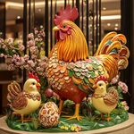 多彩公雞雕塑與小雞擺件