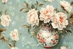 青花瓷瓶插牡丹花卉圖