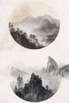 中式水墨山水圓形畫作