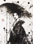 水墨風持傘和服女子