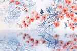 水墨桃花蝴蝶水面景致
