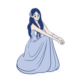 優(yōu)雅藍裙女子坐姿插畫