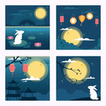 中秋月夜玉兔插畫組圖