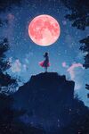 少女月下獨賞夢幻夜空