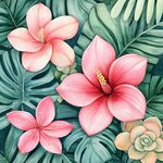 粉色扶桑與綠植插畫圖案