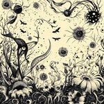 奇幻花卉飛鳥黑白插畫