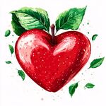 心形紅蘋果與綠葉插畫