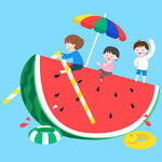 兒童夏季暑假吃西瓜劃船玩耍插畫