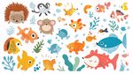 可愛海洋與陸地動物插畫