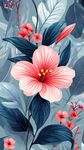 粉色木槿花與藍(lán)葉插畫