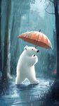 雨中撐傘的可愛北極熊