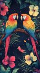 雙鸚鵡棲于繁花綠葉間