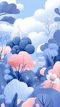 夢(mèng)幻藍(lán)粉系森林花卉插畫