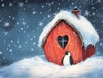雪中小屋旁的可愛企鵝