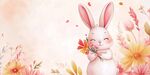 可愛小兔抱花春日插畫
