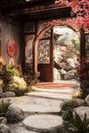 中式庭院拱門(mén)處的雅致景致