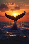 夕陽下的鯨魚尾躍出海面