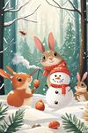 雪地萌兔歡樂堆雪人