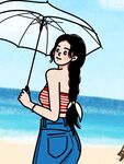 海灘上撐傘的時尚女子