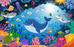 海底洞穴卡通鯨魚鯊魚珊瑚背景墻