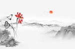 國(guó)畫荷花山水背景墻