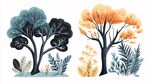 秋日雙色樹木植物插畫