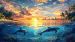 夕陽下海豚暢游的夢幻海域