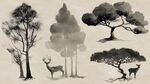 水墨風(fēng)樹木與鹿的寫意圖景