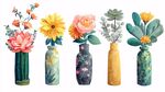 多彩花瓶插滿絢麗花卉