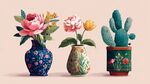三個(gè)花瓶中的花卉與仙人掌