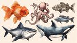 海洋生物水彩插畫集合