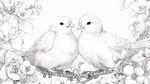 雙鳥棲花枝黑白線描畫